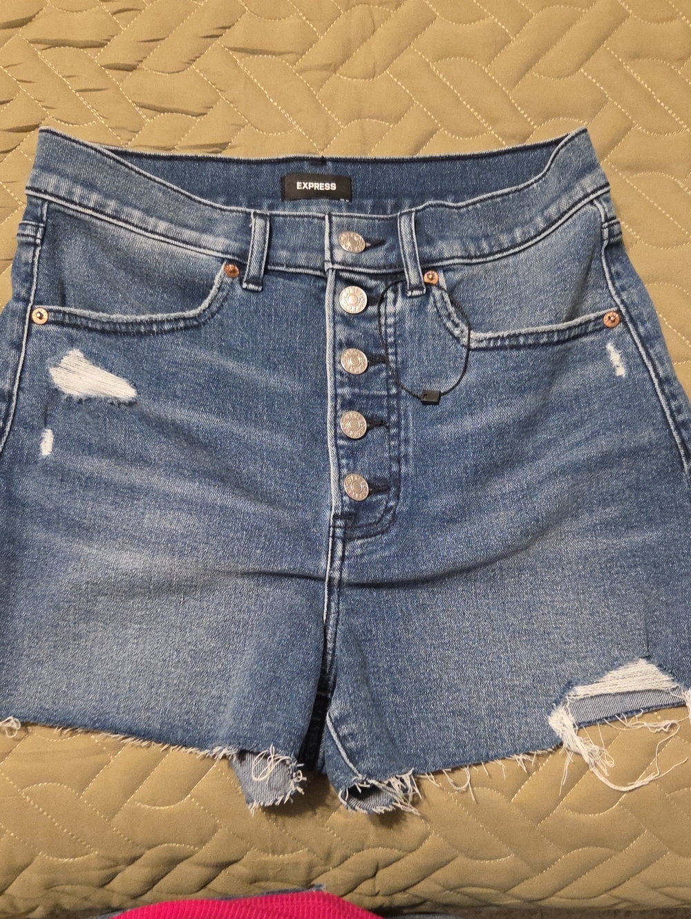 Express Distressed Button-Front Denim Shorts - Blue